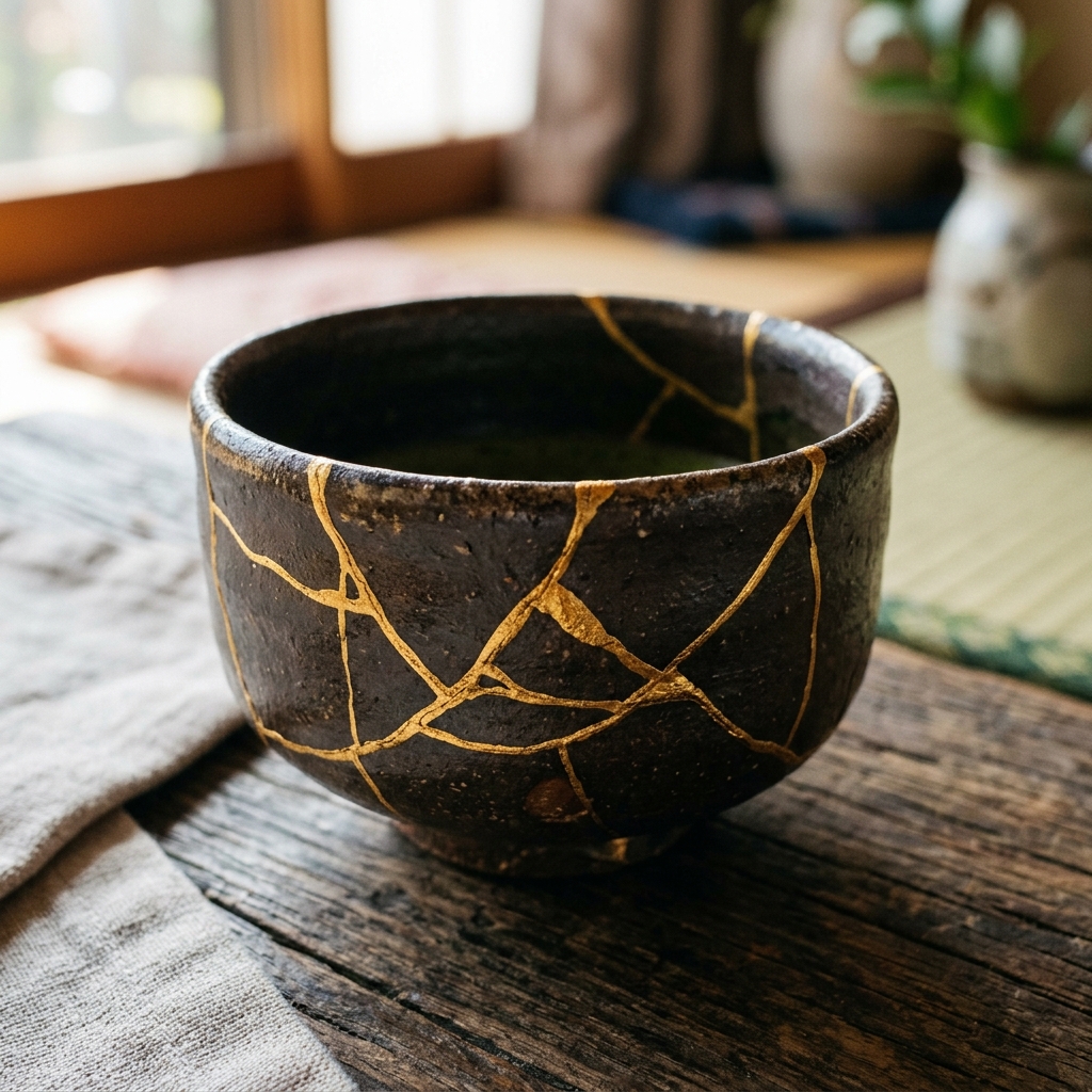 Kintsugi Ceramic Art: A close-up of a ceramic bowl mended with gold lacquer